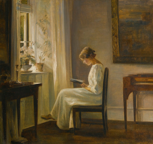Interior with a Woman Reading, vintage artwork by Carl Vilhelm Holsøe, 12x8" (A4) Poster