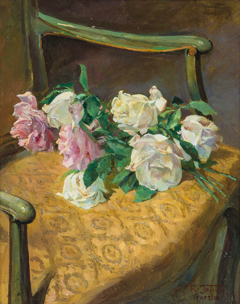 Roses on a Chair, vintage artwork by Raffaele Tafuri, 12x8" (A4) Poster