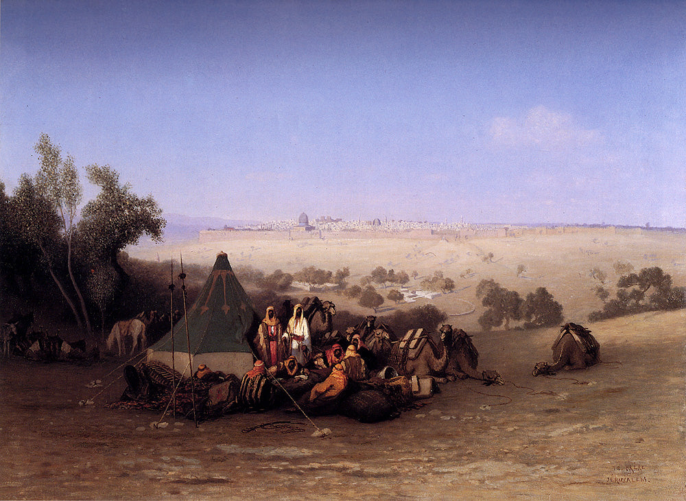 An Arab encampment on the Mount of Olives with Jerusalem beyond, vintage artwork by Charles Theodore Frère, A3 (16x12") Poster Print