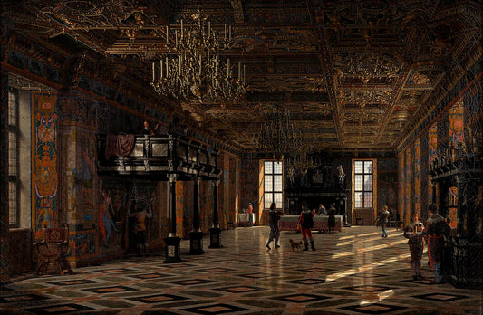The Great Hall at Frederiksborg Castle during the Reign of Christian IV, vintage artwork by Heinrich Hansen, A3 (16x12") Poster Print