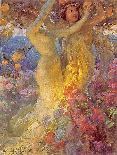 Maidens dancing among the Flowers and Fruit, vintage artwork by Antoine Calbet, 12x8" (A4) Poster