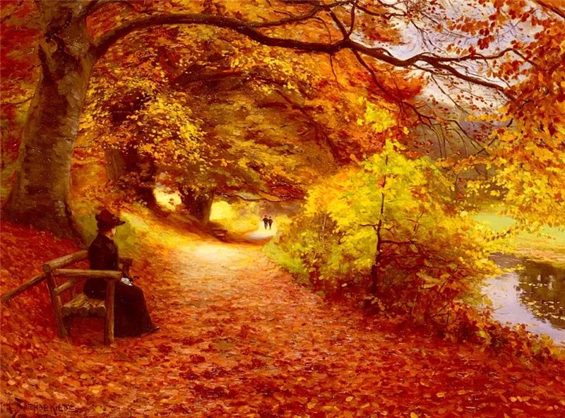 A Wooded Path In Autumn, vintage artwork by Hans Andersen Brendekilde, 12x8" (A4) Poster