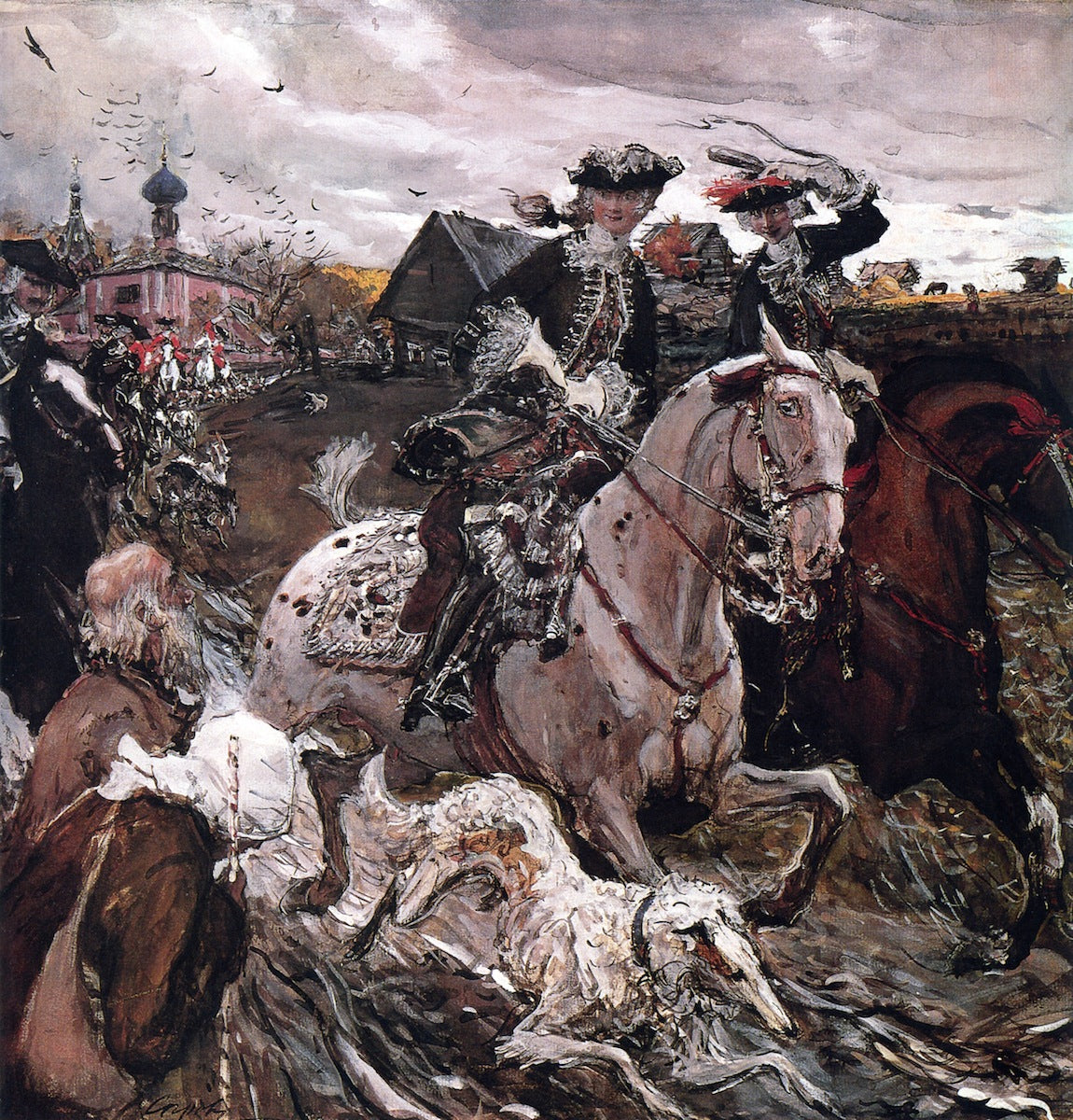 Peter II and Princess Elizabeth Riding to Hounds, vintage artwork by Valentin Serov, 12x8" (A4) Poster