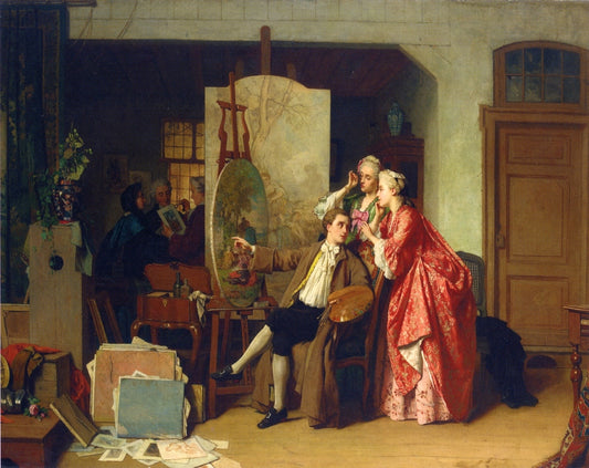 A Visit to Watteau's Studiio, vintage artwork by Jean Carolus, 12x8" (A4) Poster