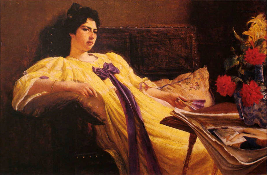  Lady in a Yellow Gown with a Purple Scarf by Rodolfo Amoedo,A3(16x12")Poster