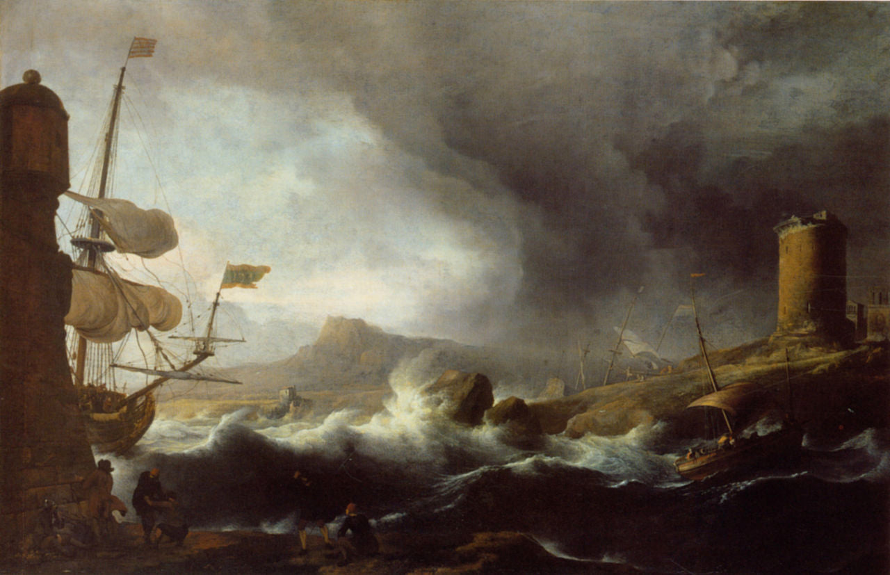 Rough sea at the mountainous coast, vintage artwork by Ludolf Backhuysen, 12x8" (A4) Poster