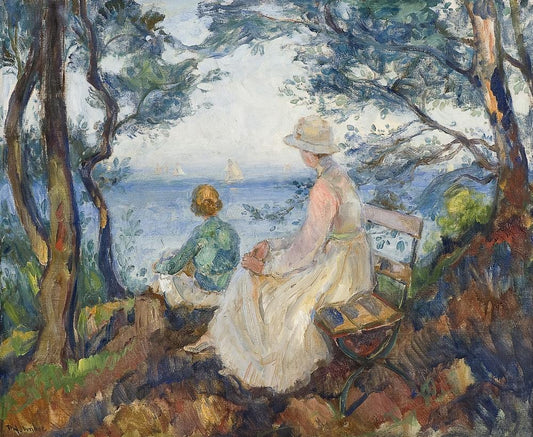 Coastal Landscape with Two Figures, vintage artwork by Thorolf Holmboe, 12x8" (A4) Poster