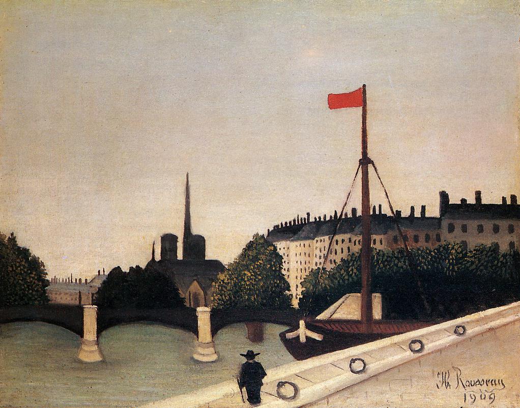 Notre Dame: View of the Ile Saint-Louis from the Quai Henri IV, vintage artwork by Henri Rousseau, 12x8" (A4) Poster