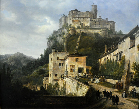 Nonnberg and Fortress Hohensalzburg, vintage artwork by Domenico Quaglio the Younger, 12x8" (A4) Poster