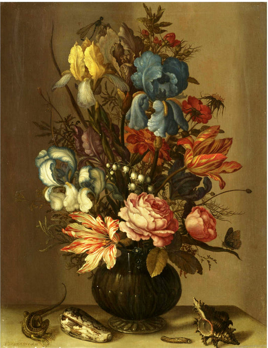 Still Life of Roses, Tulips, Irises, French Marigold, etc., vintage artwork by Balthasar van der Ast, 12x8" (A4) Poster