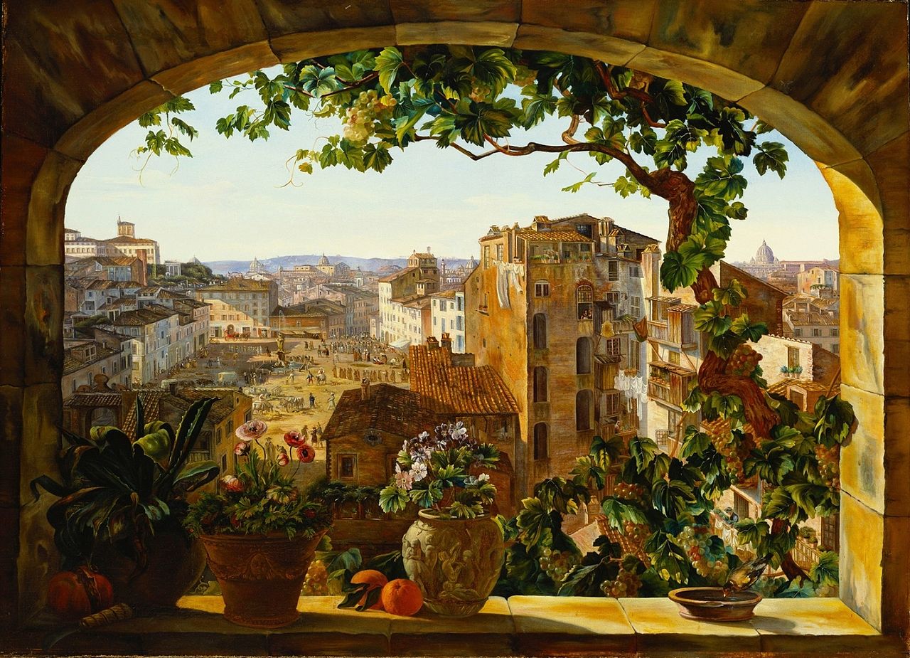 Piazza Barberini, Rome, vintage artwork by Carl von Bergen, A3 (16x12") Poster Print