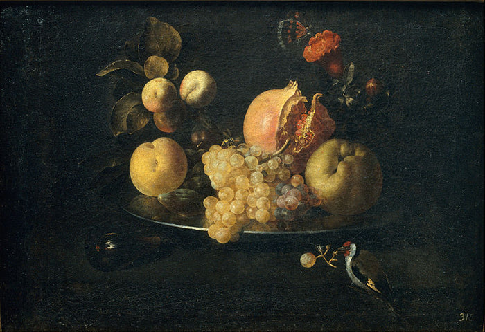 Still Life with Fruit and Goldfinch, vintage artwork by Juan de Zurbaran, 12x8