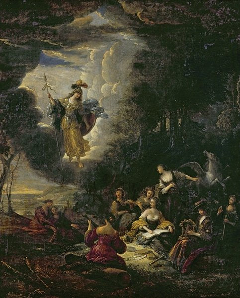 Athena Visiting the Muses, vintage artwork by Jacob Willemsz. de Wet, 12x8" (A4) Poster