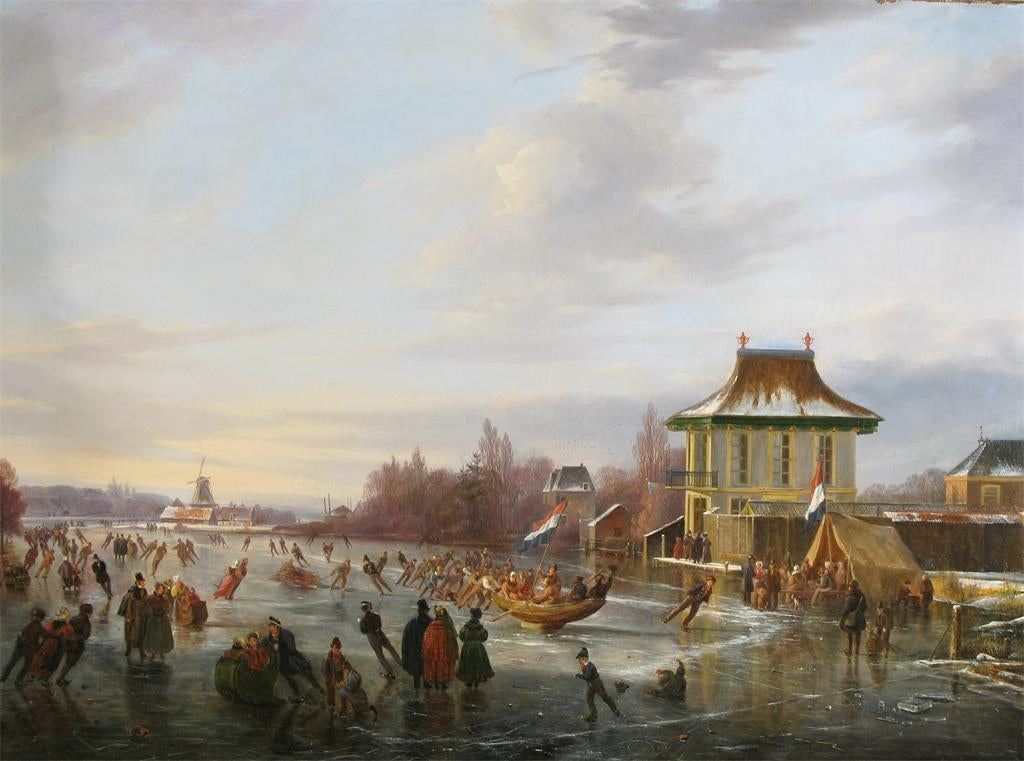 Extensive Winter Landscape with Numerous Figures on a Frozen Lake by  a Pavilion, vintage artwork by Frans Arnold Breuhaus de Groot, 12x8" (A4) Poster