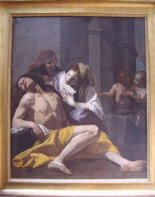 San Sebastián curado por Santa Irene,, vintage artwork by Antonio de Bellis, 12x8" (A4) Poster