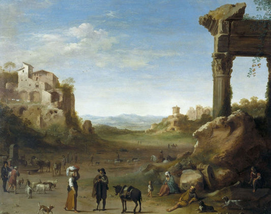 Shepherds with their Flocks in a Landscape with Roman Ruins, vintage artwork by Cornelis van Poelenburgh, 12x8" (A4) Poster