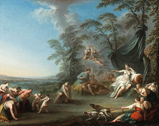 Diana and her Nymphs with a Captured Satyr, vintage artwork by Sebastien-Jacques Leclerc, 12x8" (A4) Poster