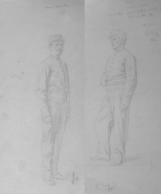 Soldat: tenue actuelle (à gauche) et nouveau costume (à droite), vintage artwork by Frederic Theodore Lix, 12x8" (A4) Poster