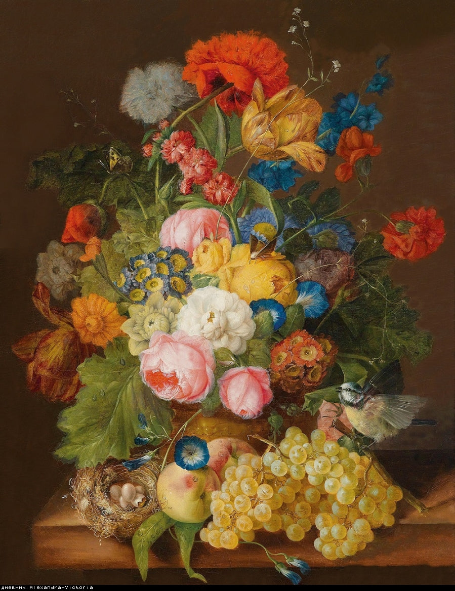 Still life with flowers, grapes and a bird's nest, vintage artwork by Franz Xavier Petter, A3 (16x12") Poster Print