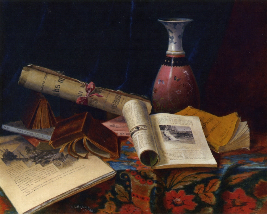 Still Life with Vase and Books, vintage artwork by Nicholas Alden Brooks, 12x8" (A4) Poster