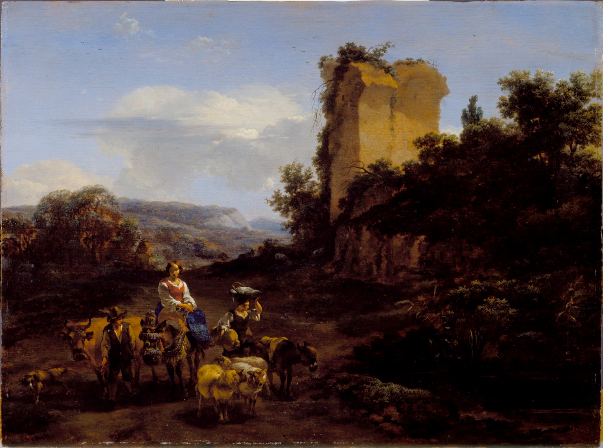 Landscape with Ruins and Travelers, vintage artwork by Nicolaes Berchem, 12x8" (A4) Poster