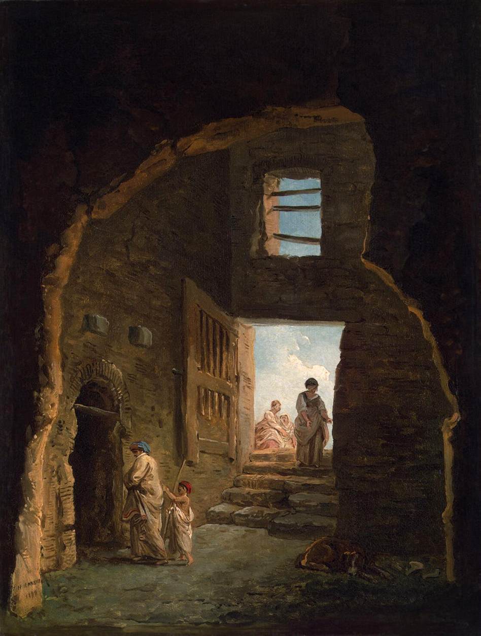 Inhabited Ruins, vintage artwork by Hubert Robert, 12x8" (A4) Poster