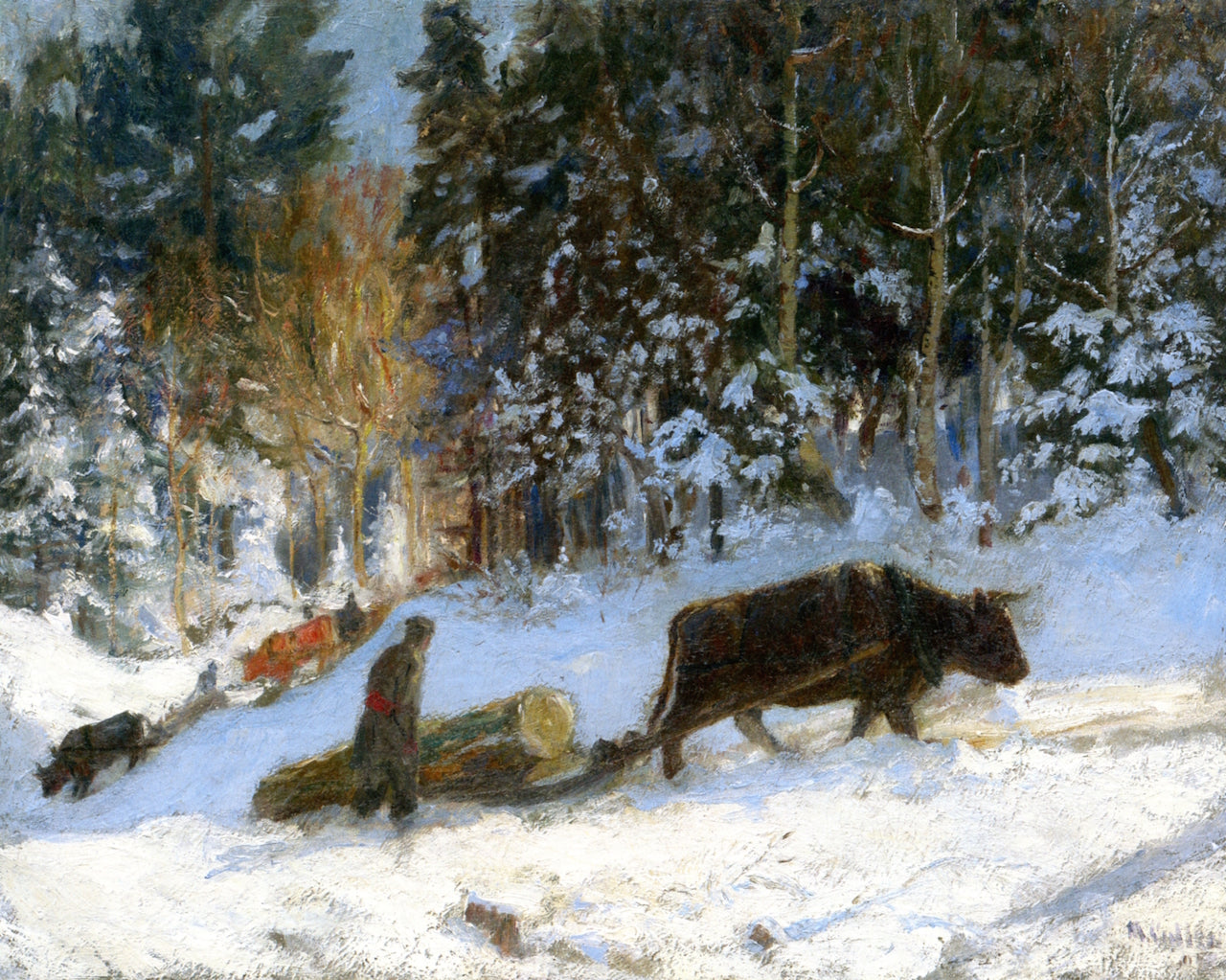 Log Cutters, Winter, Quebec, vintage artwork by Maurice Cullen, 12x8" (A4) Poster