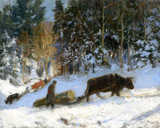 Log Cutters, Winter, Quebec, vintage artwork by Maurice Cullen, 12x8" (A4) Poster