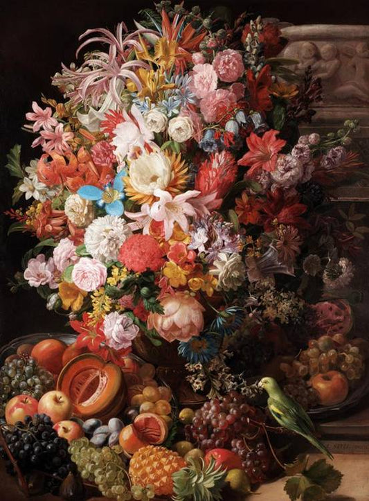 Still Life with Flowers, Fruit and a Bird, vintage artwork by Leopold von Stoll, 12x8" (A4) Poster