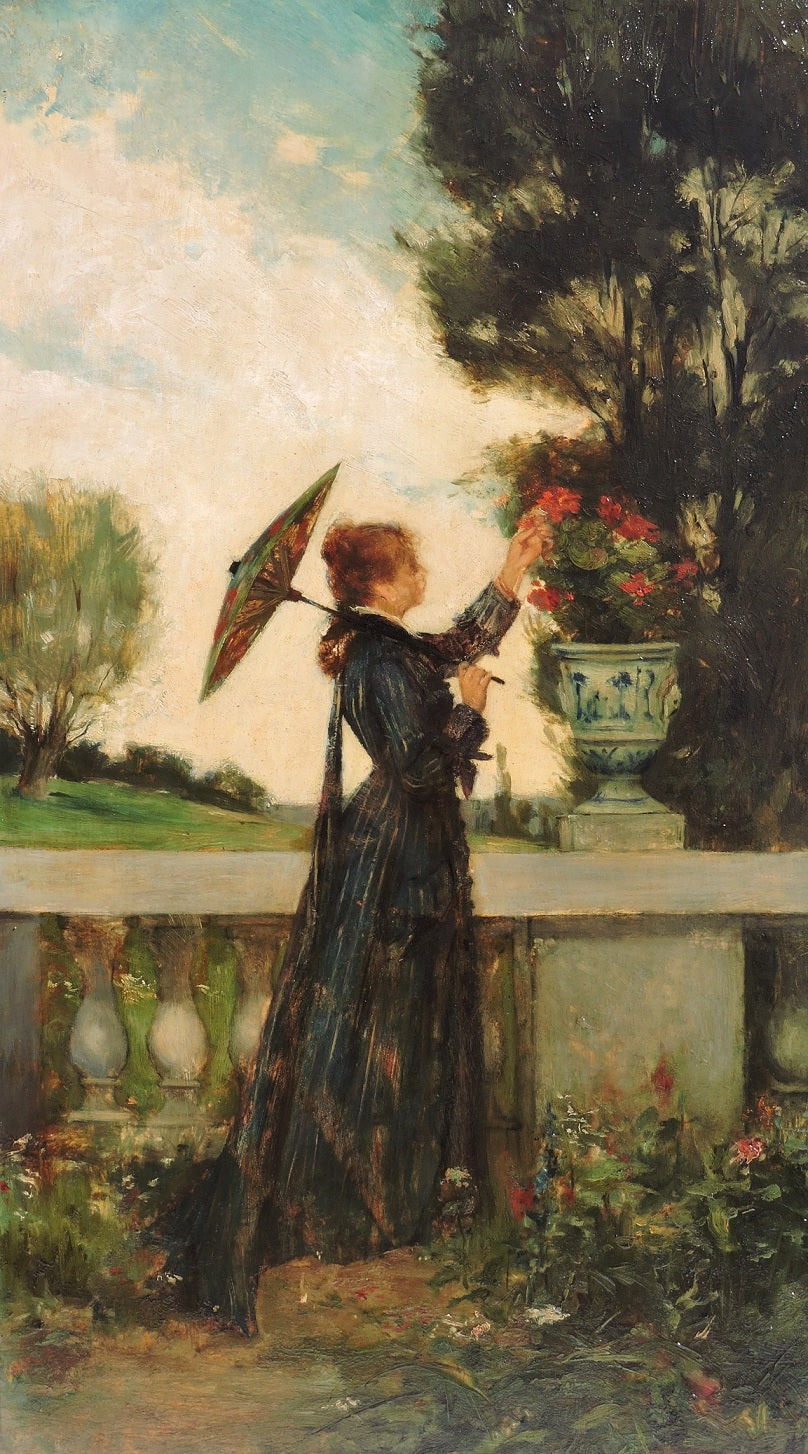Lady with parasol picking flowers, vintage artwork by Louis-Joseph-Raphael Collin, 12x8" (A4) Poster