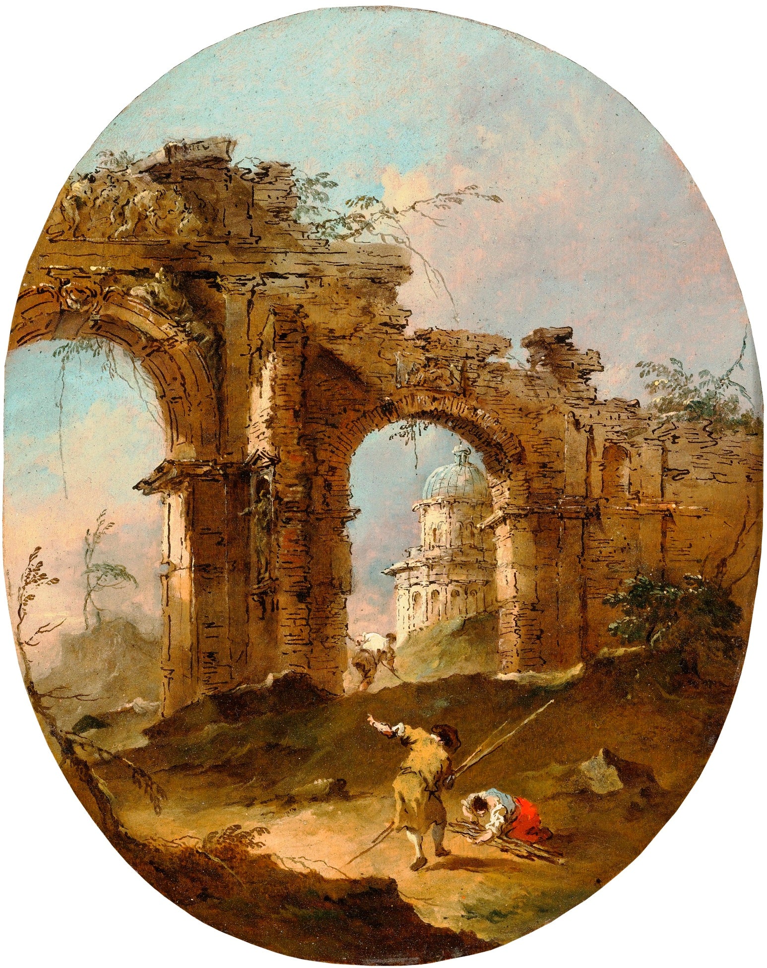 Architectural capriccio with figures by  a ruined arch, vintage artwork by Francesco Guardi, 12x8" (A4) Poster