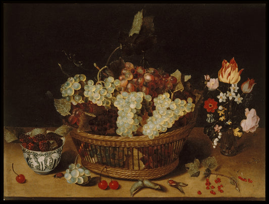 Still Life with Chinese Bowl and Vase of Flowers, vintage artwork by Isaak Soreau, 12x8" (A4) Poster