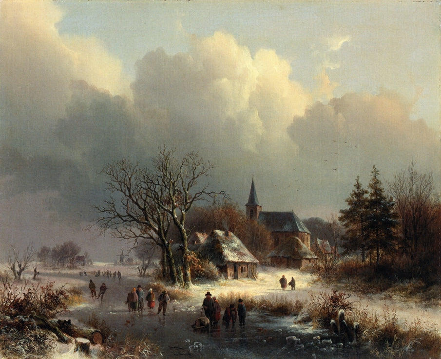 Figures on a Frozen River in Winter, vintage artwork by Johann Bernhard Klombeck, A3 (16x12") Poster Print
