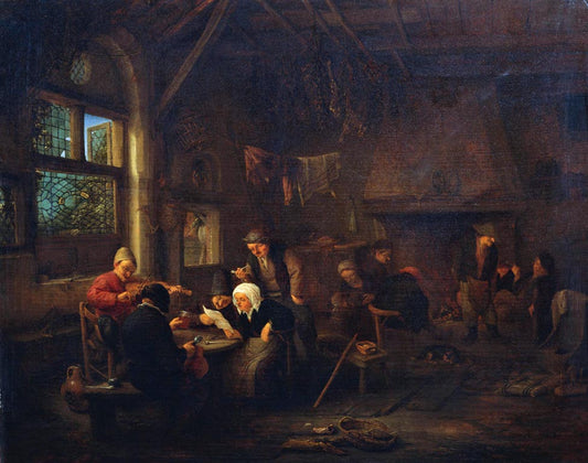 An Evening in a Tavern with a Fiddler, vintage artwork by Adriaen van Ostade, 12x8" (A4) Poster