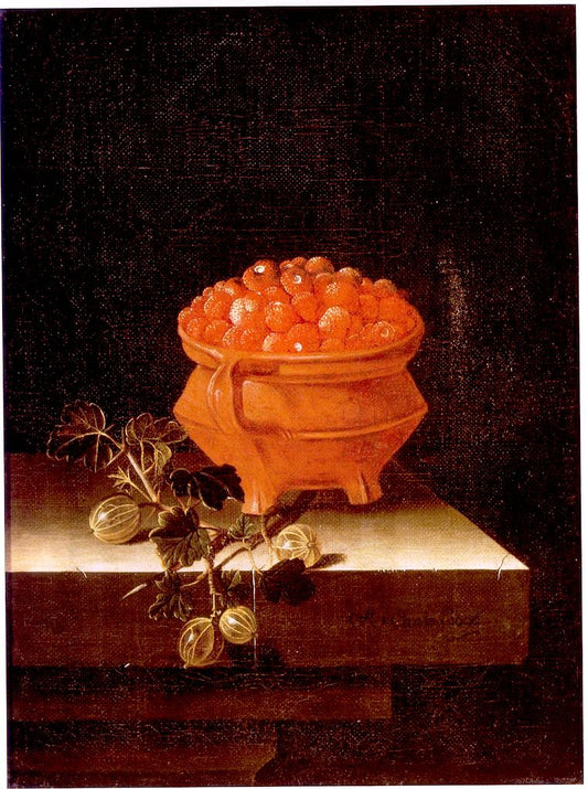 Still Life with a Bowl of Strawberries and a Spray of Gooseberries, vintage artwork by Adriaen Coorte, 12x8" (A4) Poster
