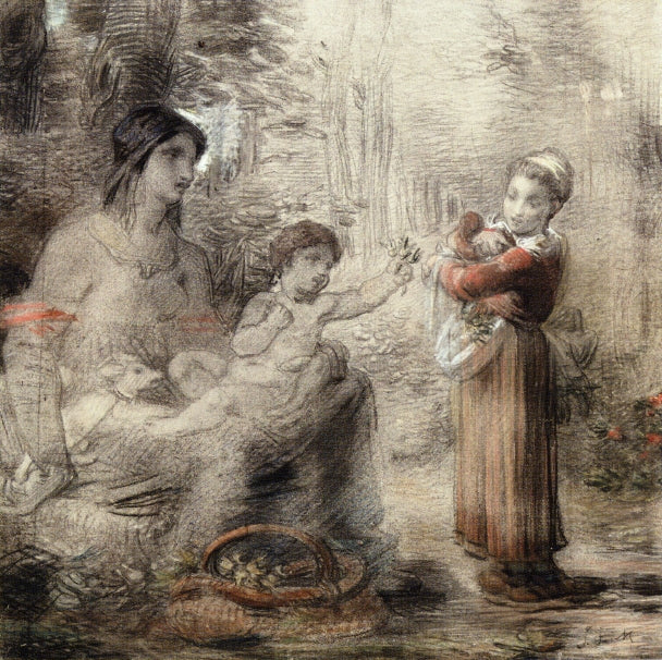 A Peasant Girl Offering Flowers to a Woman and Child, vintage artwork by William P. Babcock, 12x8" (A4) Poster