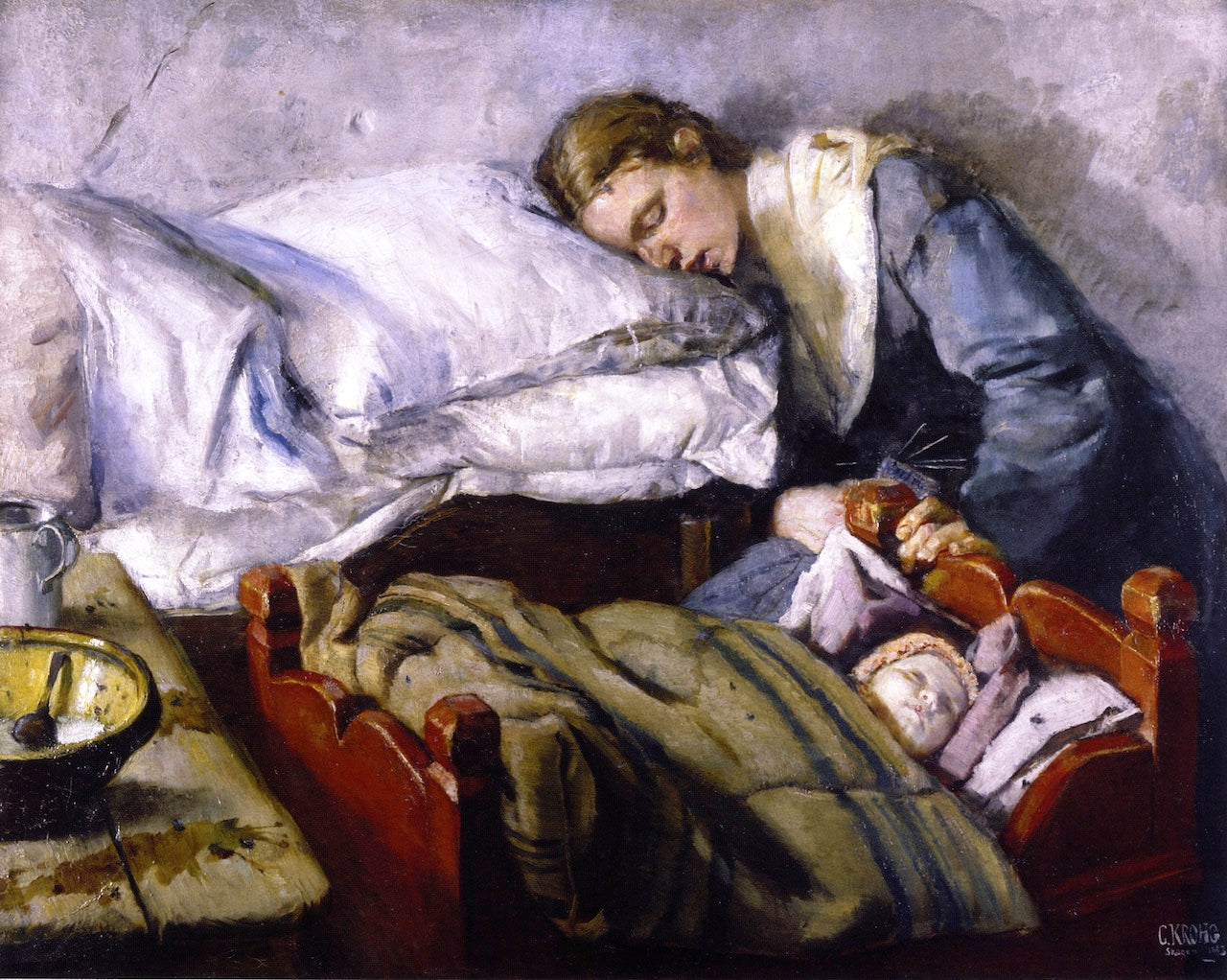 Sleeping Mother, vintage artwork by Christian Krohg, 12x8" (A4) Poster