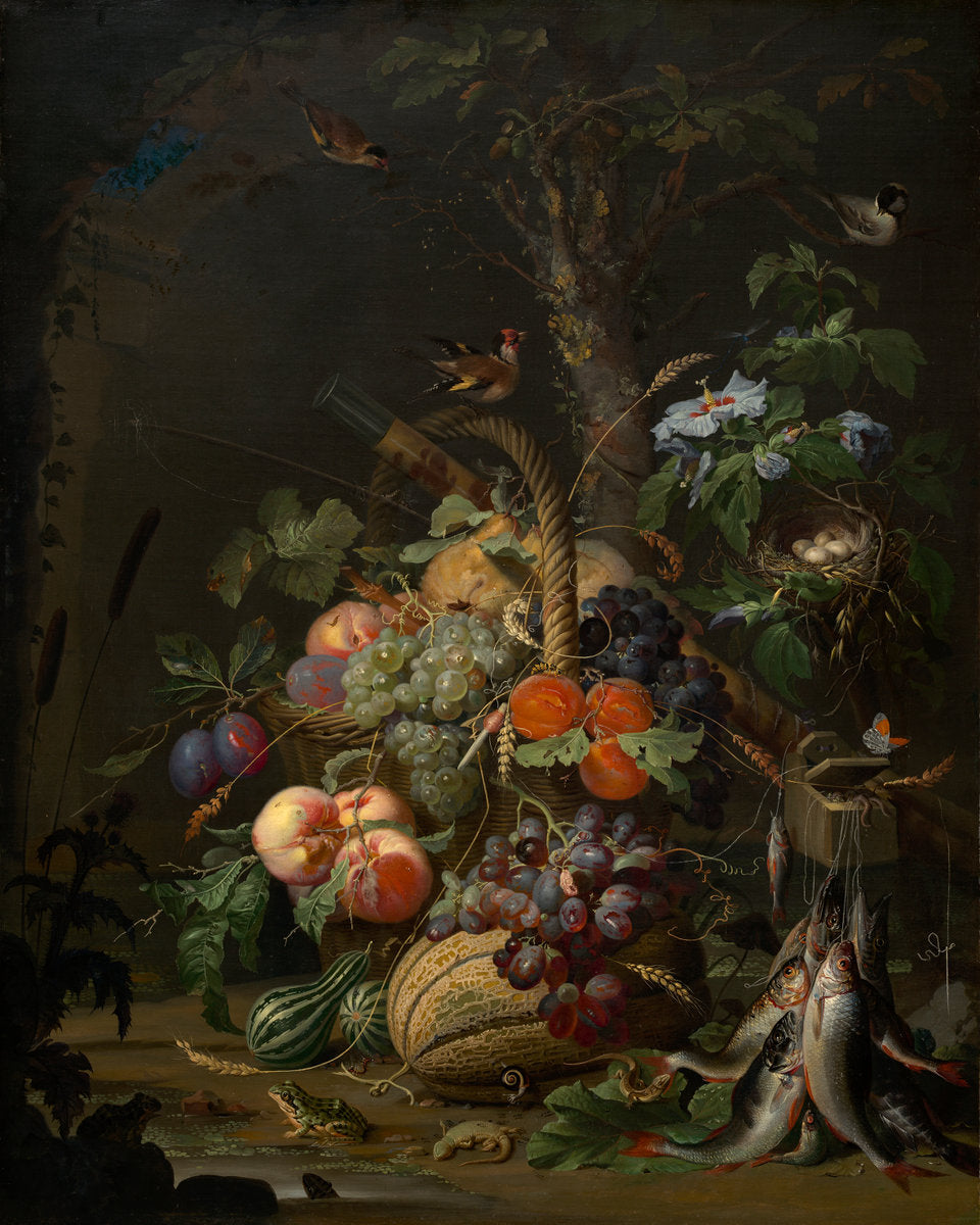 Still Life with Fruit, Fish, and a Nest, vintage artwork by Abraham Mignon, 12x8" (A4) Poster