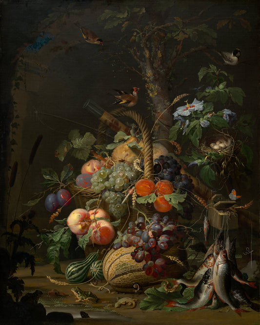 Still Life with Fruit, Fish, and a Nest, vintage artwork by Abraham Mignon, 12x8" (A4) Poster