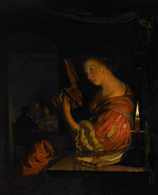 Woman tuning a lute, vintage artwork by Frans van Mieris the Elder, 12x8" (A4) Poster
