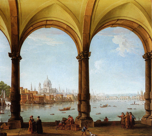 Prospect of London from a collonade with a distant view of St. Paul's and Old London Bridge, vintage artwork by Antonio Joli, 12x8" (A4) Poster
