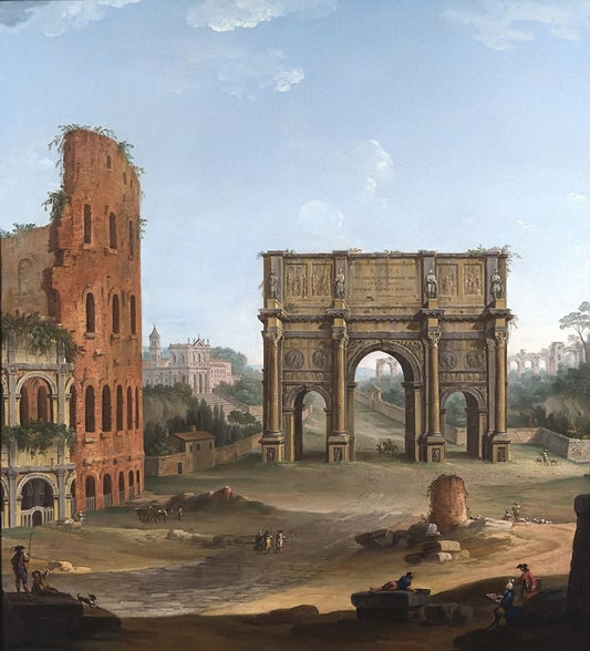 Rome, a capriccio view of the Colosseum and the Arch of Constantine, vintage artwork by Antonio Joli, 12x8" (A4) Poster