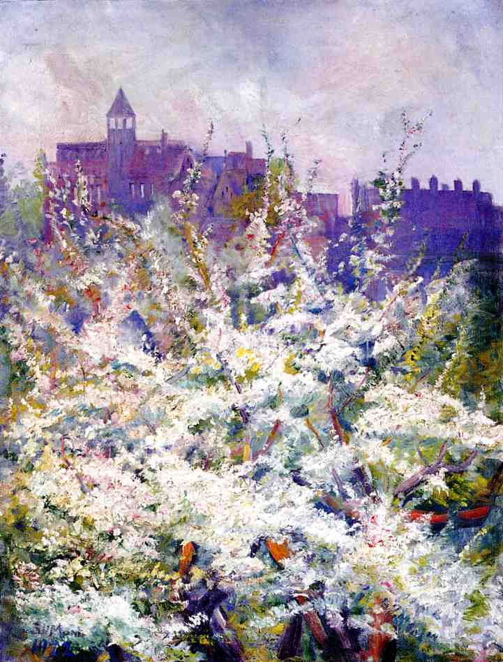 Spring Trees in Blossom, Boston, vintage artwork by Robert Hatton Monks, 12x8" (A4) Poster