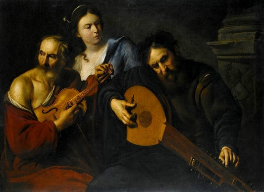 A musical group, vintage artwork by Follower of Caravaggio, 12x8" (A4) Poster