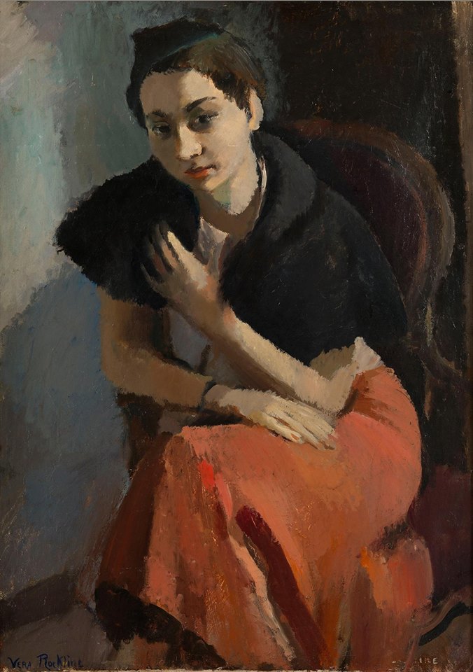 Woman in a Pink Dress and Black Fur, vintage artwork by Vera Rockline, 12x8" (A4) Poster