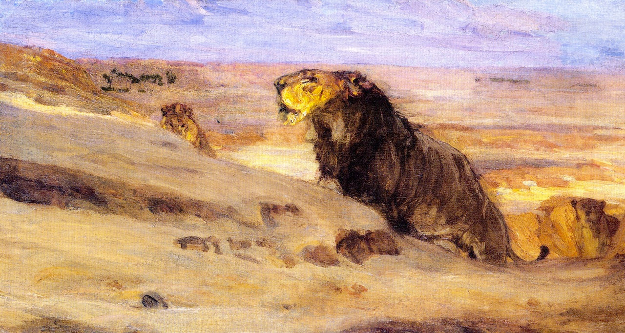 Lions in the Desert, vintage artwork by Henry Ossawa Tanner, 12x8" (A4) Poster