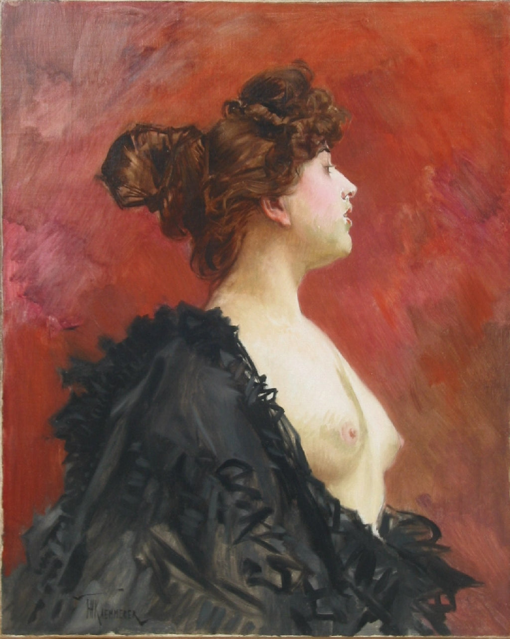 Portrait of a Woman with Nude Breasts, vintage artwork by Frederik Henrdik Kaemmerer, 12x8" (A4) Poster