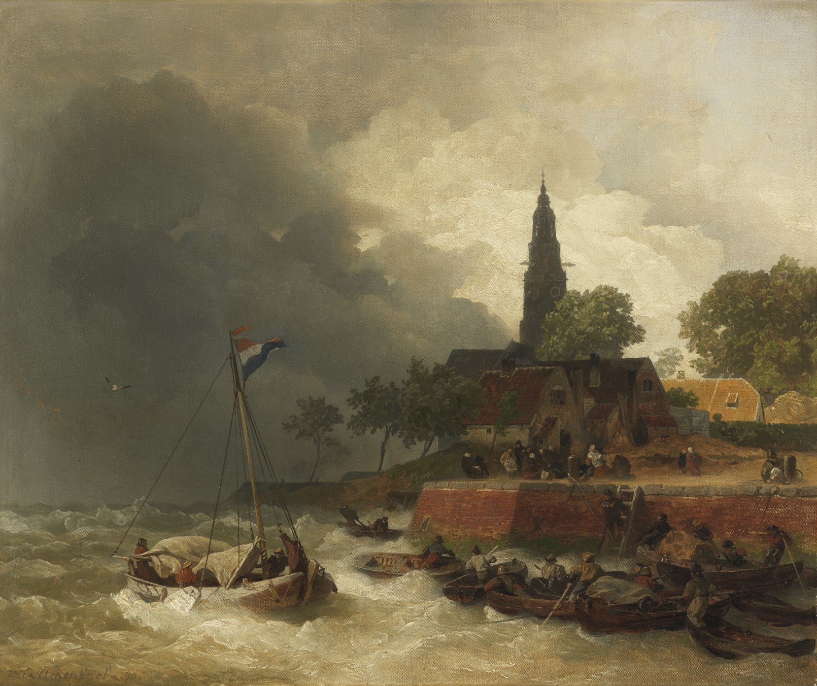 Dutch Harbour in a Storm, vintage artwork by Andreas Achenbach, A3 (16x12") Poster Print