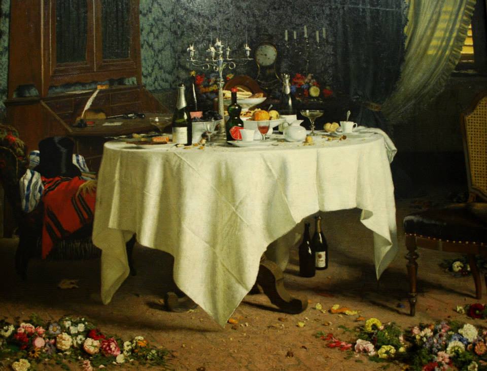 Remains of a Banquet, vintage artwork by Angelo Morbelli, 12x8" (A4) Poster