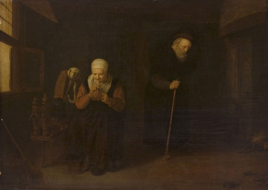 Interior with an Old Man and His Wife, vintage artwork by Follower of Quiringh van Brekelenkam, 12x8" (A4) Poster
